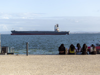 A cargo ship is seen near Lisbon, Portugal, on October 12, 2024. Russian missile strikes on Ukrainian ports this week kill at least 10 peopl...