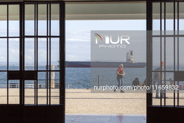 A cargo ship is seen near Lisbon, Portugal, on October 12, 2024. Russian missile strikes on Ukrainian ports this week kill at least 10 peopl...