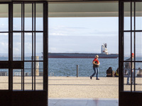 A cargo ship is seen near Lisbon, Portugal, on October 12, 2024. Russian missile strikes on Ukrainian ports this week kill at least 10 peopl...