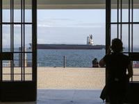 A cargo ship is seen near Lisbon, Portugal, on October 12, 2024. Russian missile strikes on Ukrainian ports this week kill at least 10 peopl...