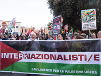 Members of the Palestinian student movement in Italy participate in a demonstration in the center of Rome to show their support for the Pale...