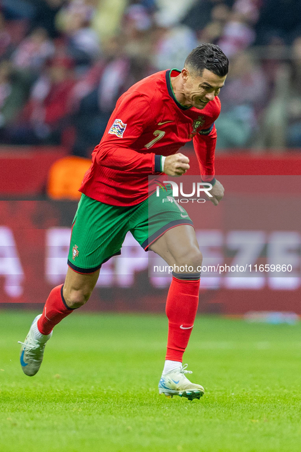 Cristiano Ronaldo is playing  during the  UEFA Nations League 2024 League A Group A1 match between Poland and Portugal , at the PGE Narodowy...