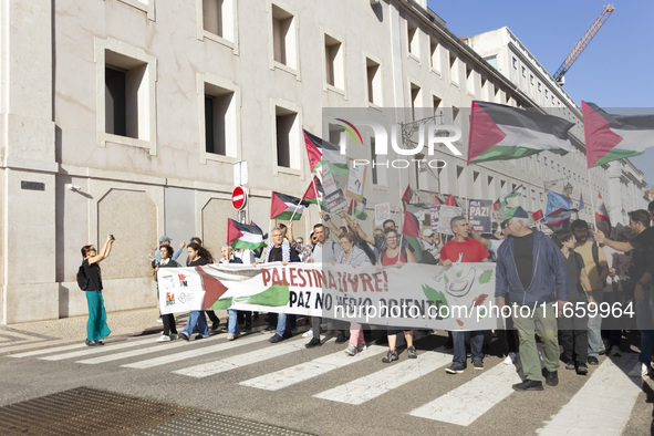 A general view occurs during a demonstration supporting Palestine in Lisbon, Portugal, on October 12, 2024. 