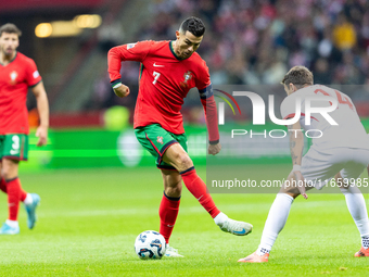 Cristiano Ronaldo is playing  during the  UEFA Nations League 2024 League A Group A1 match between Poland and Portugal , at the PGE Narodowy...