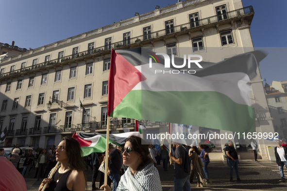 A general view occurs during a demonstration supporting Palestine in Lisbon, Portugal, on October 12, 2024. 