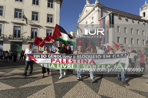 A general view occurs during a demonstration supporting Palestine in Lisbon, Portugal, on October 12, 2024. 