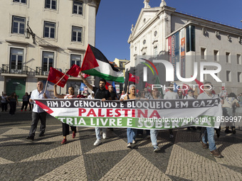 A general view occurs during a demonstration supporting Palestine in Lisbon, Portugal, on October 12, 2024. (