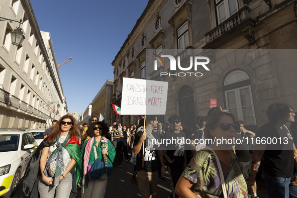 A general view occurs during a demonstration supporting Palestine in Lisbon, Portugal, on October 12, 2024. 