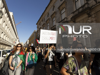 A general view occurs during a demonstration supporting Palestine in Lisbon, Portugal, on October 12, 2024. (