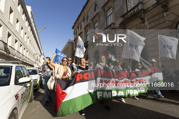 A general view occurs during a demonstration supporting Palestine in Lisbon, Portugal, on October 12, 2024. 