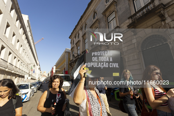 A general view occurs during a demonstration supporting Palestine in Lisbon, Portugal, on October 12, 2024. 