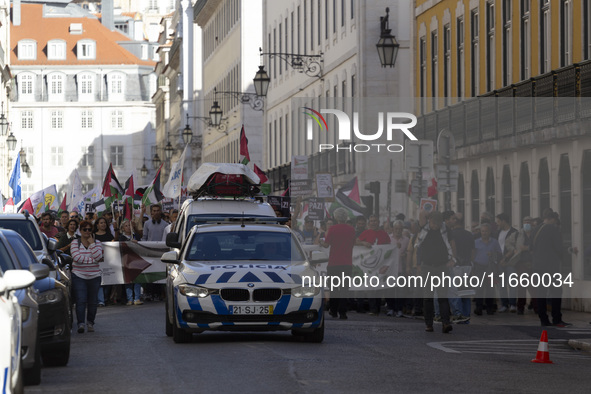 A general view occurs during a demonstration supporting Palestine in Lisbon, Portugal, on October 12, 2024. 