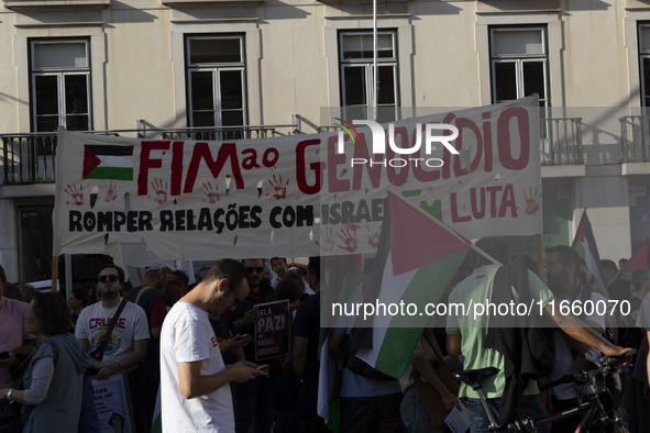 A general view occurs during a demonstration supporting Palestine in Lisbon, Portugal, on October 12, 2024. 