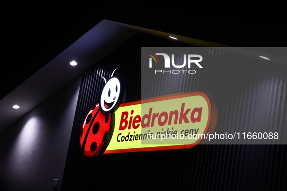 Biedronka logo is seen on the shop in Inwald, Poland on October 12, 2024. 