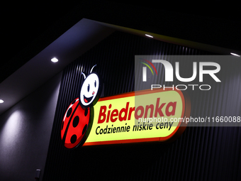 Biedronka logo is seen on the shop in Inwald, Poland on October 12, 2024. (