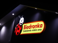 Biedronka logo is seen on the shop in Inwald, Poland on October 12, 2024. (