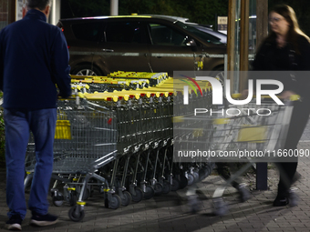 Shopping trolleys are seen near the shop in Inwald, Poland on October 12, 2024. (