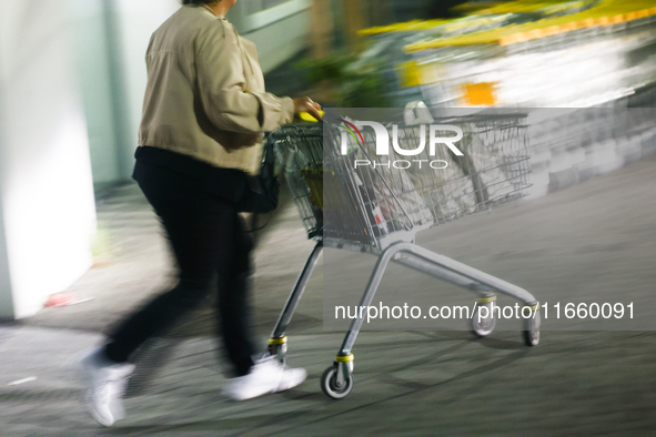 A person walks with a shopping trolley near the shop in Inwald, Poland on October 12, 2024. 