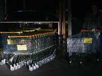 Shopping trolleys are seen near the shop in Inwald, Poland on October 12, 2024. (