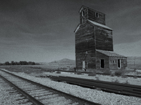 An abandoned grain elevator is in the ghost town of Owanka, South Dakota, USA. (