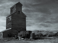 An abandoned grain elevator is in the ghost town of Owanka, South Dakota, USA. (