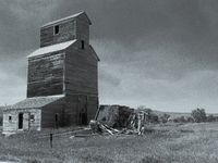 An abandoned grain elevator is in the ghost town of Owanka, South Dakota, USA. (