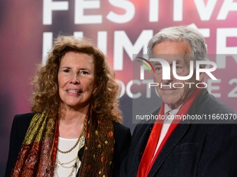 Portrait of Costa Gavras and his wife at the opening night of the Lumiere festival in Lyon, France, on October 12, 2024. (