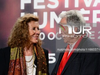 Portrait of Costa Gavras and his wife at the opening night of the Lumiere festival in Lyon, France, on October 12, 2024. (