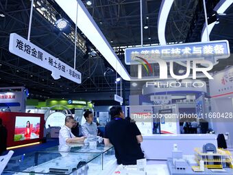 Visitors visit the booths of insoluble metals and rare earth permanent magnets at the 9th China Advanced Materials Industry Expo 2024 in Qin...