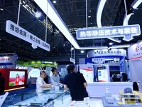 Visitors visit the booths of insoluble metals and rare earth permanent magnets at the 9th China Advanced Materials Industry Expo 2024 in Qin...