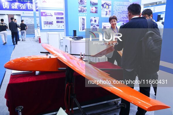 Visitors look at a target aircraft at the 9th China Advanced Materials Industry Expo 2024 in Qingdao, China, on October 12, 2024. 