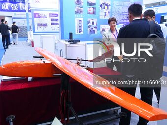 Visitors look at a target aircraft at the 9th China Advanced Materials Industry Expo 2024 in Qingdao, China, on October 12, 2024. (