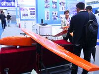 Visitors look at a target aircraft at the 9th China Advanced Materials Industry Expo 2024 in Qingdao, China, on October 12, 2024. (