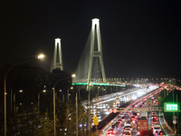 Weekend rush hour traffic occurs on the outer ring highway of Xupu Bridge in Shanghai, China, on October 12, 2024. (