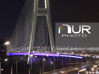 Weekend rush hour traffic occurs on the outer ring highway of Xupu Bridge in Shanghai, China, on October 12, 2024. (