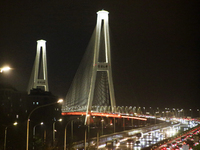 Weekend rush hour traffic occurs on the outer ring highway of Xupu Bridge in Shanghai, China, on October 12, 2024. (