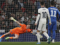 Vangelis Pavlidis of Greece scores a goal while Goalkeeper Jordan Pickford of England tries to save during the football game between England...