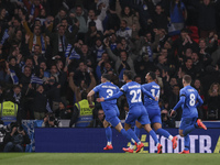 Konstantinos Koulierakis, Dimitris Giannoulis, Vangelis Pavlidis, and Christos Tzolis of Greece celebrate Greece's goal in front of the Gree...