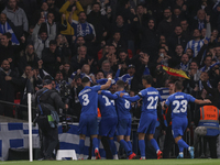 Konstantinos Koulierakis, Dimitris Giannoulis, Vangelis Pavlidis, Manolis Siopis, and Christos Tzolis of Greece celebrate Greece's goal in f...