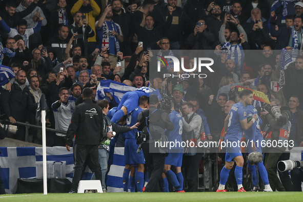 Greek team players celebrate and react to the goal. The football game between England and Greece for the UEFA Nations League 2024/25 League...