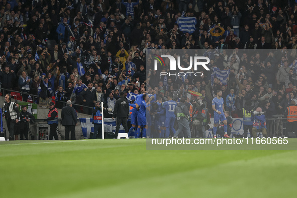 Greek team players celebrate and react to the goal. The football game between England and Greece for the UEFA Nations League 2024/25 League...