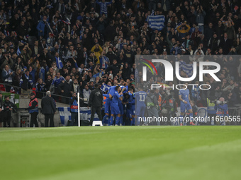 Greek team players celebrate and react to the goal. The football game between England and Greece for the UEFA Nations League 2024/25 League...