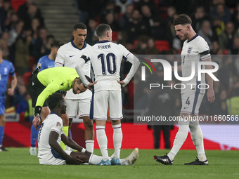 Bukayo Saka of England is on the ground during the football game between England and Greece for the UEFA Nations League 2024/25 League B Gro...