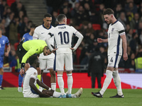 Bukayo Saka of England is on the ground during the football game between England and Greece for the UEFA Nations League 2024/25 League B Gro...