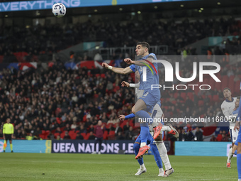 Konstantinos Koulierakis of Greece is in the air for a header during the football game between England and Greece for the UEFA Nations Leagu...