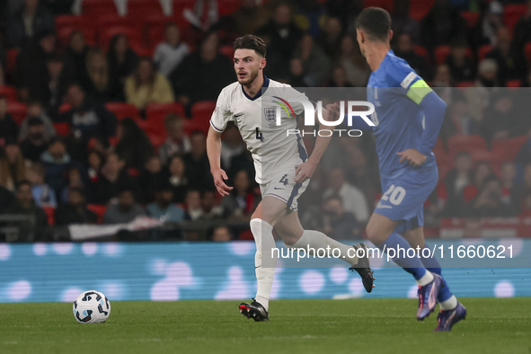 Declan Rice of England and Petros Mantalos of Greece participate in the football game between England and Greece for the UEFA Nations League...