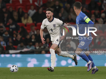 Declan Rice of England and Petros Mantalos of Greece participate in the football game between England and Greece for the UEFA Nations League...