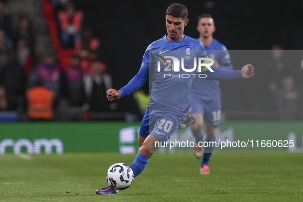 Petros Mantalos of Greece kicks the ball during the football game between England and Greece for the UEFA Nations League 2024/25 League B Gr...