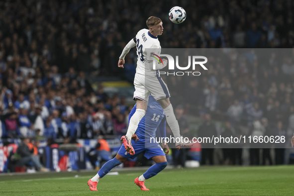 Cole Palmer of England is in the air with the ball for a header during the football game between England and Greece for the UEFA Nations Lea...