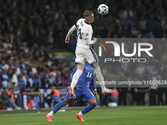 Cole Palmer of England is in the air with the ball for a header during the football game between England and Greece for the UEFA Nations Lea...